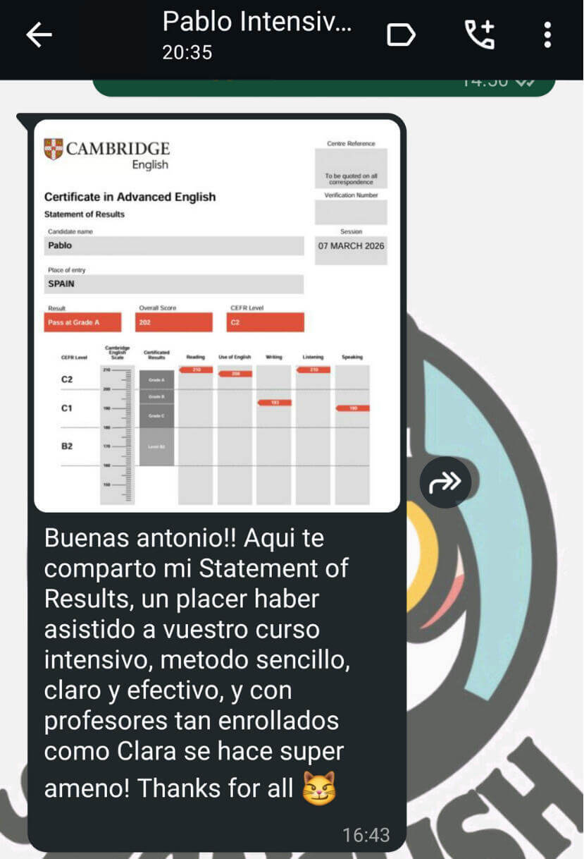 Captura de WhatsApp con certificado Cambridge de un alumno aprobado