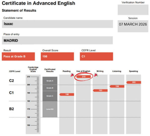 Resultado de Isaac tras dos meses preparándose con Spanglish Academy: 198 puntos, Grade B en C1 Advanced